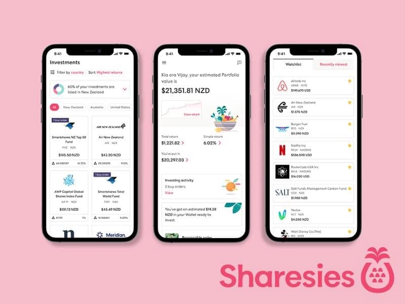 Sharesies app showing 3 screens: investments, overall portfolio, and stock search